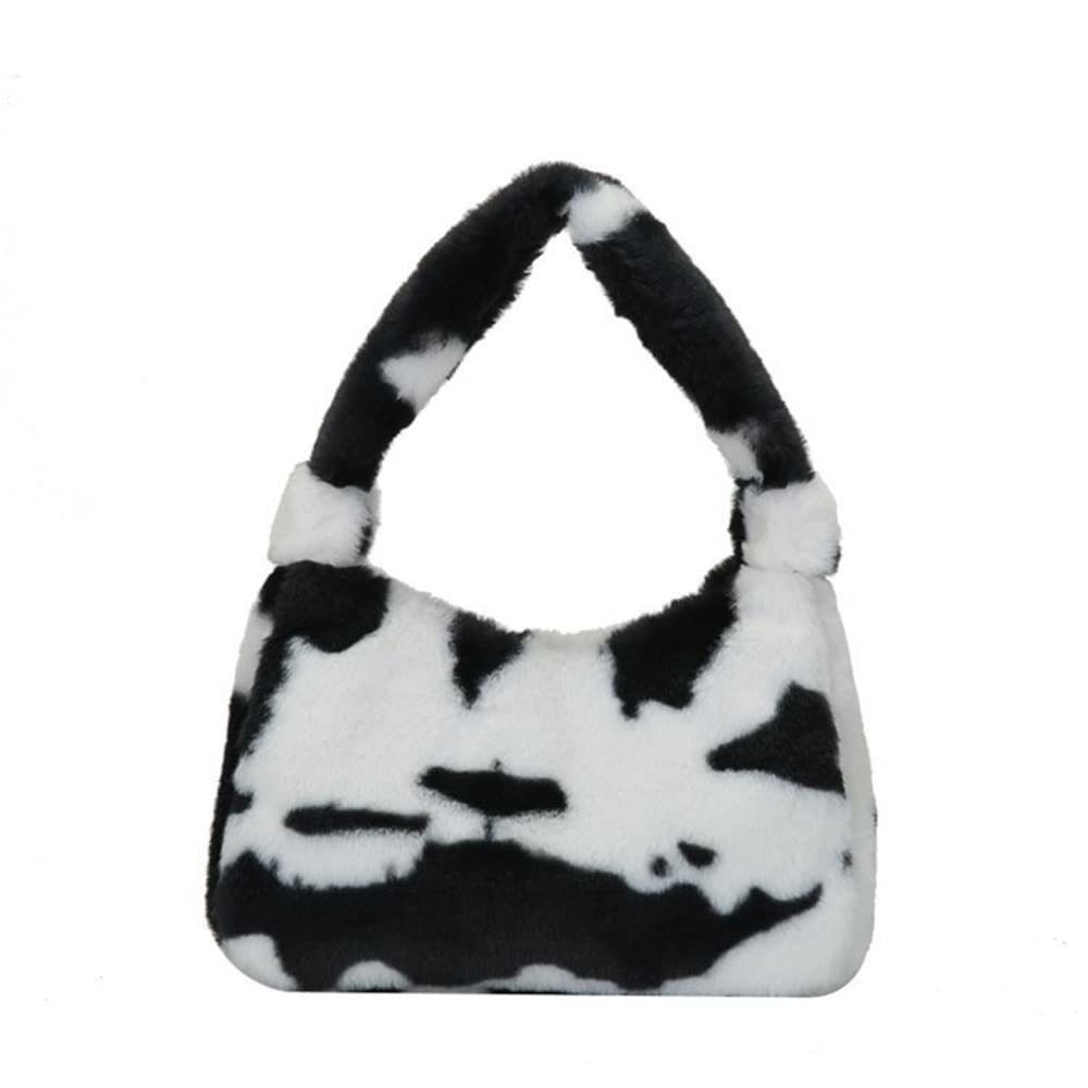 Fluffy Faux Fur Cow Print Shoulder Bag Clutch Purse Underarm Handbag :3